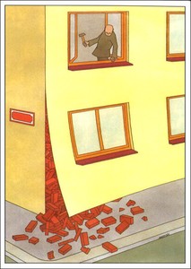 ポストカード イラスト バルタック「壊しすぎた家屋」 コミカル