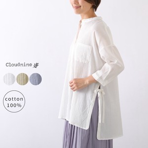 Button Shirt/Blouse Slit Plain Color Banded Collar Shirt Side Ribbon