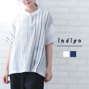Stripe Blouse Short Sleeve Cotton LL 100% Body Type Cover Leisurely indigo Indigo