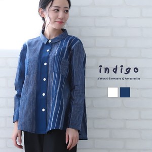 Stripe Blouse Long Sleeve Cotton LL 100% Body Type Cover Leisurely indigo Indigo