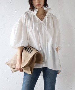 Pre-order Button Shirt/Blouse White Balloon Sleeve Blouse Shirring