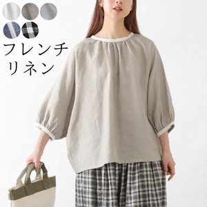 Button Shirt/Blouse Pullover 3/4 Length Sleeve Gathered Blouse Linen