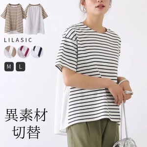 Button Shirt/Blouse Pullover Plain Color T-Shirt Border Switching Cut-and-sew