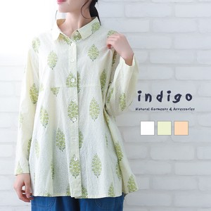India Print Long Sleeve Blouse Cotton Madame Leisurely Body Type Cover indigo Indigo