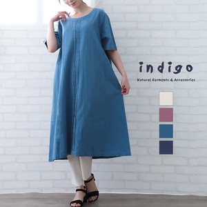Cotton Tuck One-piece Dress Half Length LL Natural Leisurely indigo Indigo