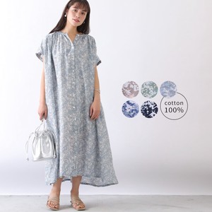 Casual Dress Floral Pattern Long Cotton Front Opening One-piece Dress