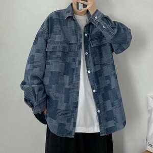 シャツ  長袖  デニム  チェック  ゆったり  快適 薄手 コート  男女通勤   BQ2176