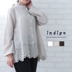 Lace Blouse Long Sleeve Cotton LL Plain Body Type Cover Leisurely indigo Indigo