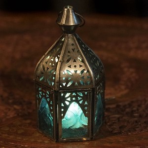 モロッコスタイルの透かし彫りLEDキャンドルランタン〔ロウソク風LEDキャンドル付き〕 - 〔ブルー〕約14×6