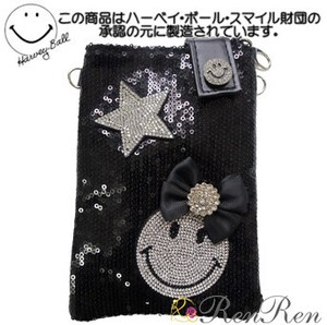 キラキラスマイルスパンコールスマホポシェット　デコ雑貨　　スマホポシェット　携帯ケース　携帯入れ