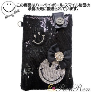 キラキラスマイルスパンコールスマホポシェット　デコ雑貨　　スマホポシェット　携帯ケース　携帯入れ