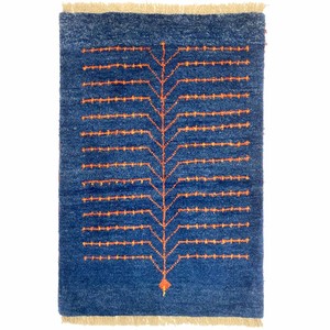 ギャッベ　ペルシャ　手織　約60x90cm　ウール100％　ブルー　マット　絨毯　ギャベ【42825】