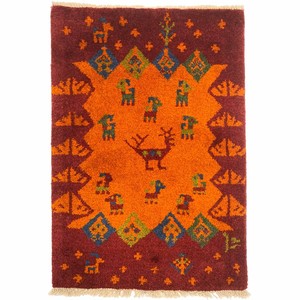 ギャッベ　ペルシャ　シラーズ　手織　約60x90cm　ウール100％　オレンジ　マット　絨毯