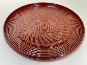 R48-50　丸盆　春慶　ノミ目彫 小　Round tray, Shunkei, chisel carving, small