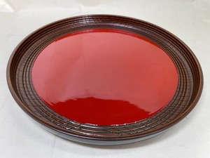 R48-52　丸盆　内朱塗　ノミ目彫　小　Round tray, lacquered in vermilion, chisel carving, small