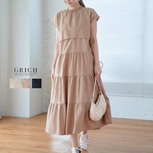 Casual Dress Shaggy Waist Long Cotton One-piece Dress Switching Tiered