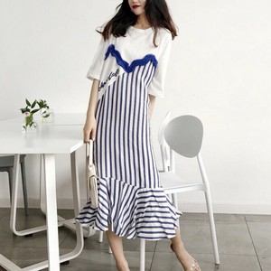 【OUTLET60%OFF】EB0578o-nb-M ワンピース 胸元切り替え ストライプ ロング丈 マタニティワンピース 夏