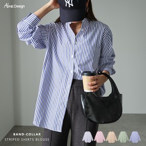 Button Shirt/Blouse Long Sleeves Colored Stripe Band Collar