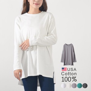 T-shirt Slit Long Sleeves T-Shirt Long T-shirt Cotton Ladies' Cut-and-sew