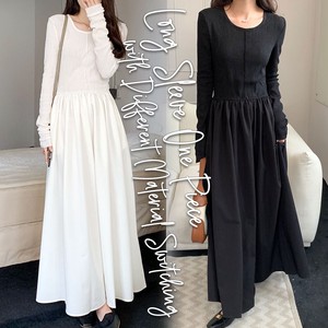 Material Switching Long Sleeve One-piece Dress