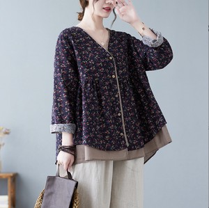 Button Shirt/Blouse Floral Pattern V-Neck Cardigan Sweater