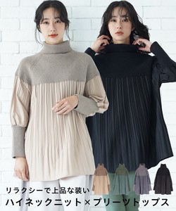 Material Plain Switching Long Sleeve Turtle Neck Pleats Flare A line Knitted 50 9 2