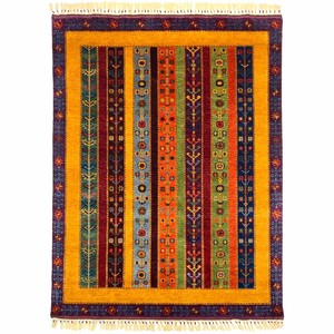 手織り絨毯　ラグ　約150x180cm　ウール100％　イエロー　ハンドノット　SAL【169】