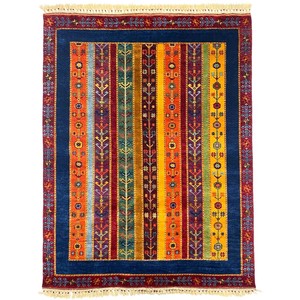 手織り絨毯　ラグ　約150x200cm　ウール100％　ブルー　ハンドノット　SAL【206】