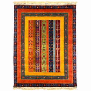 手織り絨毯　ラグ　約150x200cm　ウール100％　オレンジ　ハンドノット　SAL【207】