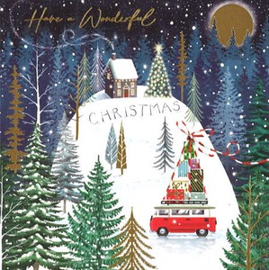 グリーティングカード クリスマス「プレゼントバス・山」