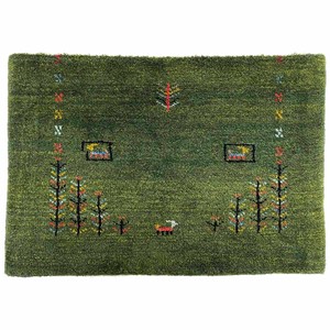 ギャッベ　ペルシャ　シラーズ　手織り絨毯　約50x80cm　ウール100％　グリーン　マット