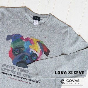 ユニセックス・長袖プリントTシャツ　"カラフルパグ"　ホワイト　ロンT