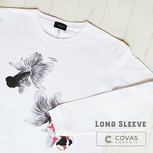 ユニセックス・長袖プリントTシャツ　"和金魚"　ホワイト　ロンT