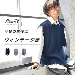 【ニット／セーター】裾ラウンドルーズシャツ×ダメージニットベスト2点アンサンブル／MinoriTY
