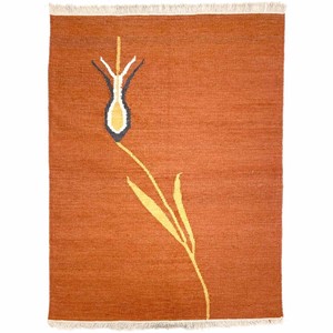 手織り絨毯　キリム　ラグ　約140x200cm　ウール100％　オレンジ　インド製【44469】