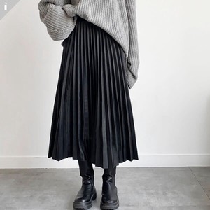 Pleats Fake Leather Pleats A line Long Skirt the