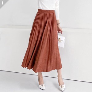 Pleats Fake Suede A line Long Skirt