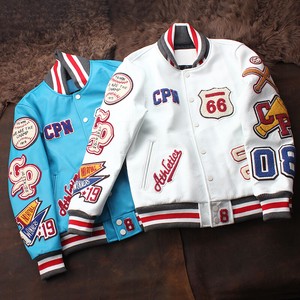 Genuine Leather Jean Men's Candy Leather Jacket Embroidery Baseball Zip‐up Jacket