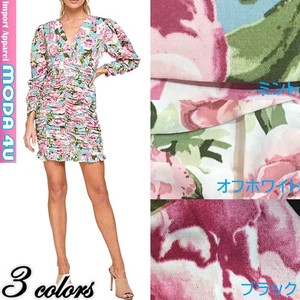 Casual Dress Floral Pattern V-Neck Printed Shirring One-piece Dress