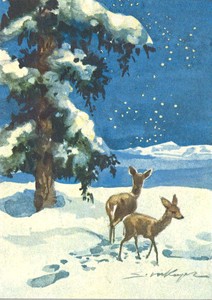 ポストカード クリスマス アート ケーガー「雪原の二頭の鹿」郵便はがき