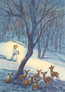 ポストカード クリスマス アート ケーガー「ランタンを持った子供を見る鹿」郵便はがき