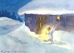 ポストカード クリスマス アート ケーガー「ろうそくの明かりで雪を歩く天使」郵便はがき