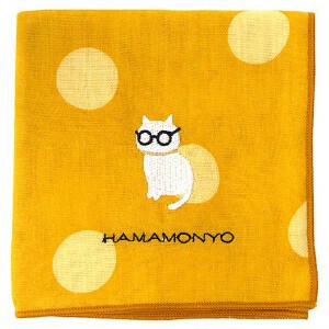【濱文様】　リバーシブルガーゼハンカチ　水玉とねこめがね　(日本製)