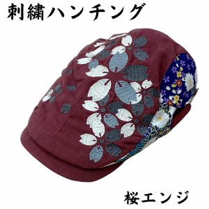 【Ripple】刺繍ハンチング 桜 エンジ