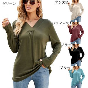 女性秋の新作カジュアルv襟純色長袖ゆったりTシャツ   ZCLA638