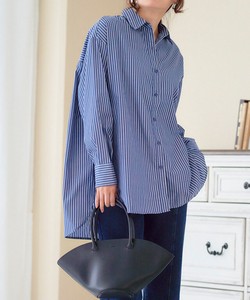 Button Shirt/Blouse Slit Long Sleeves Stripe Tops Sleeve Ladies