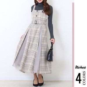 Belt Attached Switch Tweed Plaid Zip‐up Jacket Skirt One-piece Dress