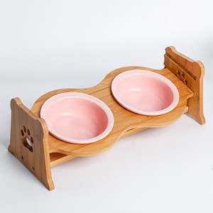 [ペティファーム] 陶器製バンブースタンド付きダブルボウル ピンク