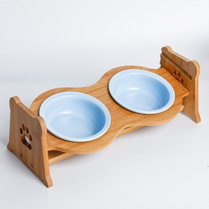 [ペティファーム] 陶器製バンブースタンド付きダブルボウル ブルー