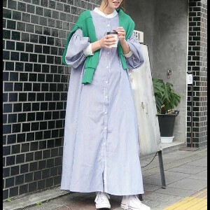 洋装/连衣裙 泡泡袖 长袖 秋 衬衫洋装/连衣裙 竖纹 秋冬
